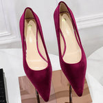Western Style Fashion Simplicity Party Women Shoes 4.5cm Thin Heels Mid-heels Shallow Pointed Toe Flock Ladies Shoes Wine Red RT220