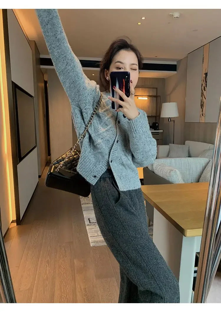 Women Pants Autumn Winter Thickening High Waisted Wool Wide Leg Pants Women Fashion Chevron Lengthening Leg Opening Floor Length RT220