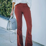 Women Summer Casual High Waist Flare Leg Pants - Solid Polyester Slim Fit Non-Stretch, Machine Washable RT220