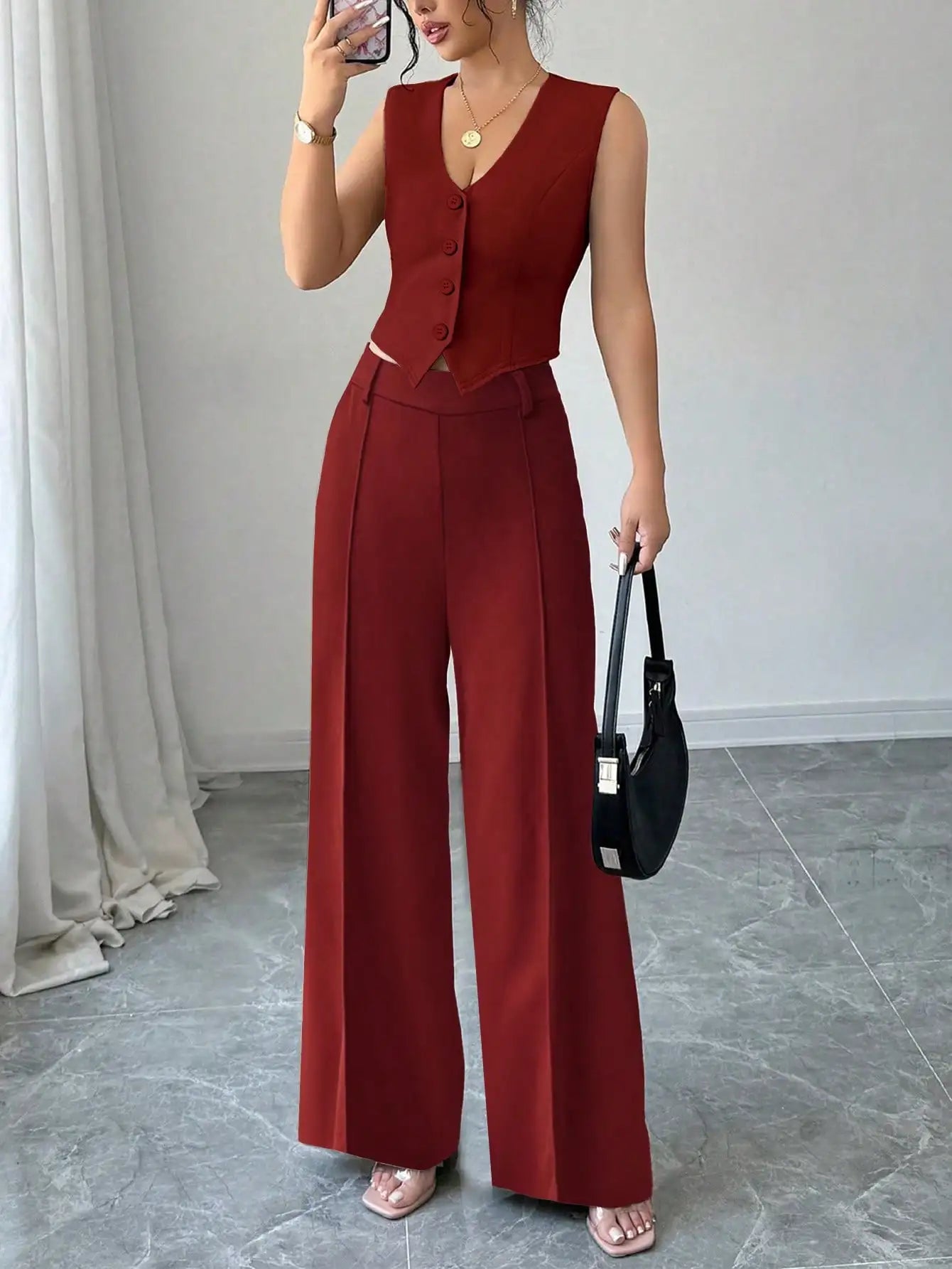 Women's 2Pcs Red Date Night Front Buckle V-Shaped Hem Solid Button Front Vest Jacket & Seam Front Pants Two Piece Set RT220