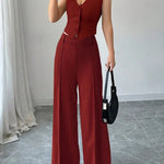 Women's 2Pcs Red Date Night Front Buckle V-Shaped Hem Solid Button Front Vest Jacket & Seam Front Pants Two Piece Set RT220