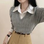 Korean Chic Spring and Autumn Age-Reducing Sweaters Retro Temperament Preppy Fake Two Pieces Shirts Twist Knit Women's Y2k Tops RT220
