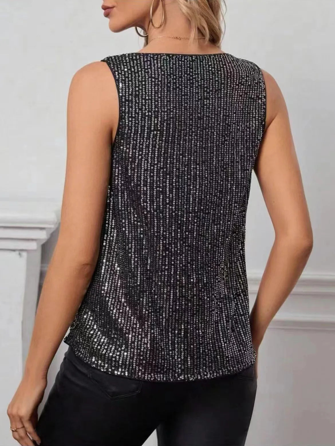 Women Top Shiny Glitter Sequin Sleeveless T-shirt Vest Tank Tops Fashion Sexy Camis New Cocktail Party Clubwear Evening T-shirts RT220