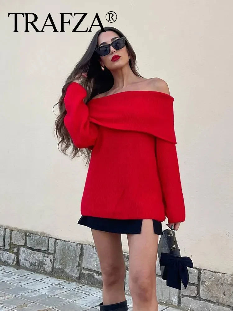 TRAFZA Women's Fashion Solid Off Shoulder Sweaters Casual Long Sleeve Folding Slim Fit Pullover Autumn Female Sexy Knitted Tops RT220