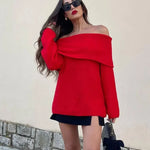 TRAFZA Women's Fashion Solid Off Shoulder Sweaters Casual Long Sleeve Folding Slim Fit Pullover Autumn Female Sexy Knitted Tops RT220