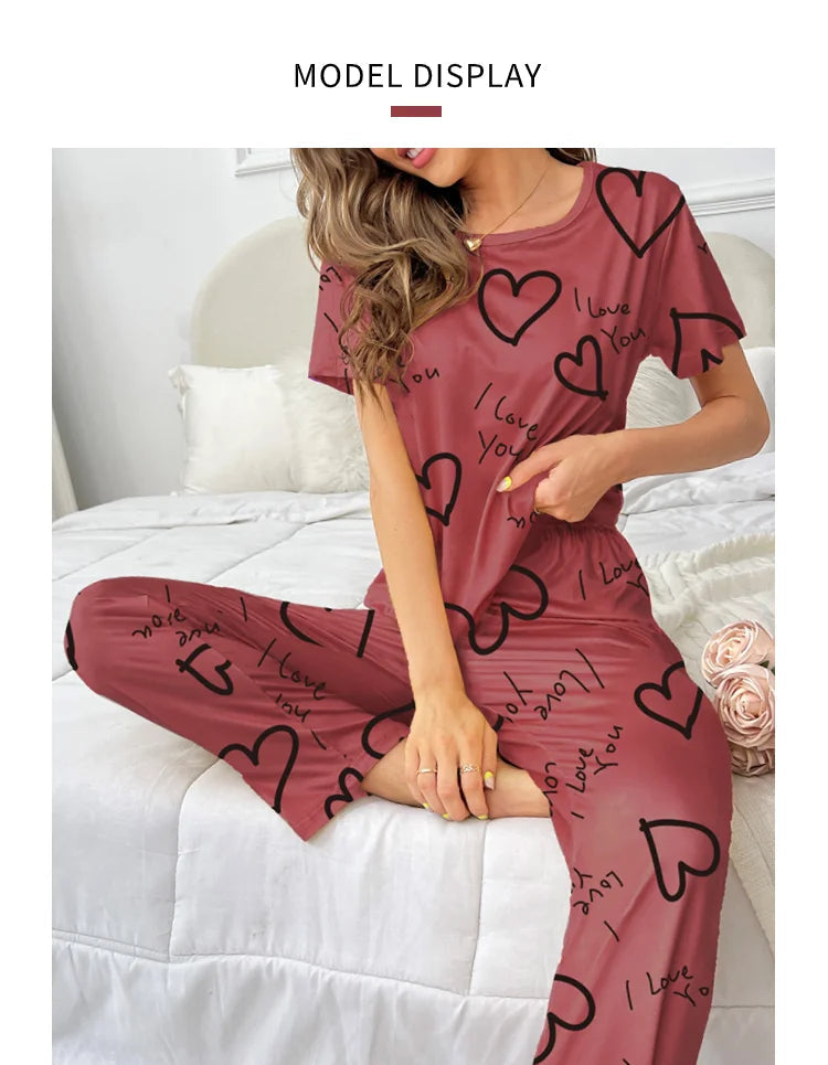 Autumn Fashion Home Pajama Suit Women Sleepwear Pijama Milk Silk Short Sleeve Top with Pants 2 Piece Pajamas for Ladies Lingerie RT220