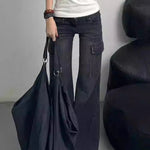 Streetwear Vintage Black Jeans Women American Y2K Slim High Waist Flare Denim Pants Female Casual Multiple Pockets Denim Trouser RT220