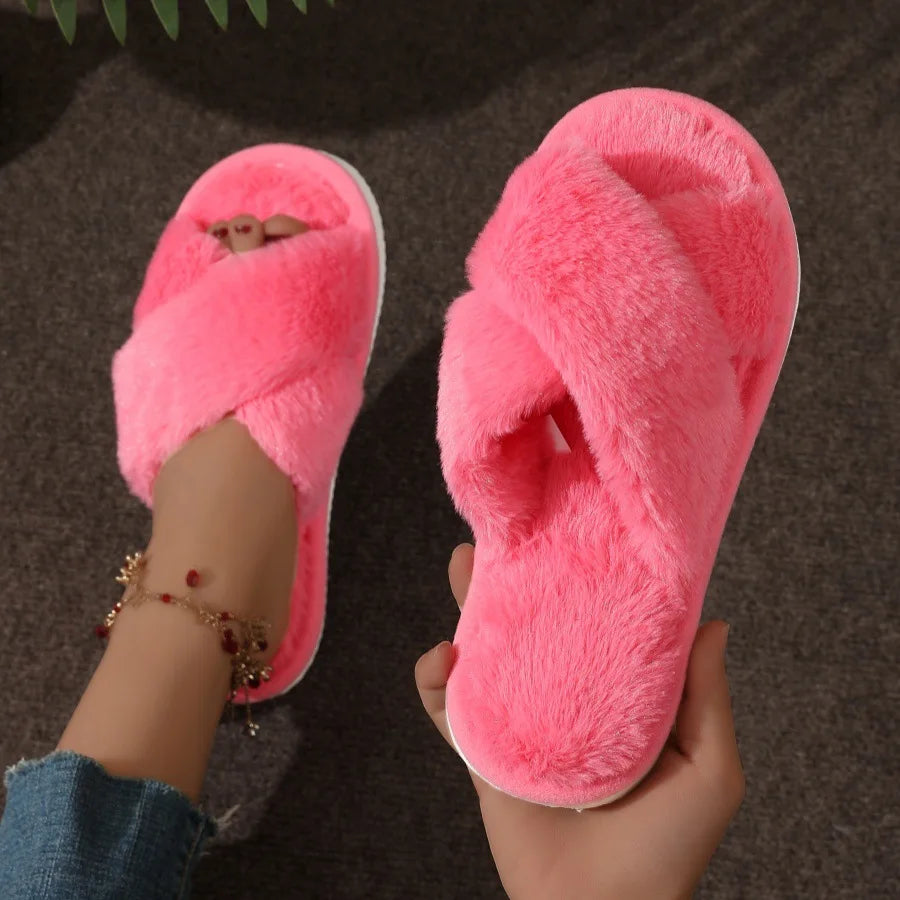 Women’s Cross Band Fur Slippers Indoor Furry Fuzzy Open Toe Shoes Home Cozy Warm Slides Double Straps Slipper Soft Sole Non Slip RT220