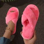 Women’s Cross Band Fur Slippers Indoor Furry Fuzzy Open Toe Shoes Home Cozy Warm Slides Double Straps Slipper Soft Sole Non Slip RT220