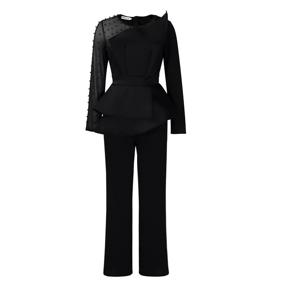 Luxury Jumpsuits & Rompers for Women Round Neck Beaded Transparent Sleeve High Waisted Elegant Female Birthday Party Overalls RT220