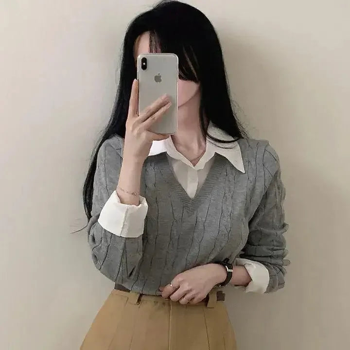 Korean Chic Spring and Autumn Age-Reducing Sweaters Retro Temperament Preppy Fake Two Pieces Shirts Twist Knit Women's Y2k Tops RT220
