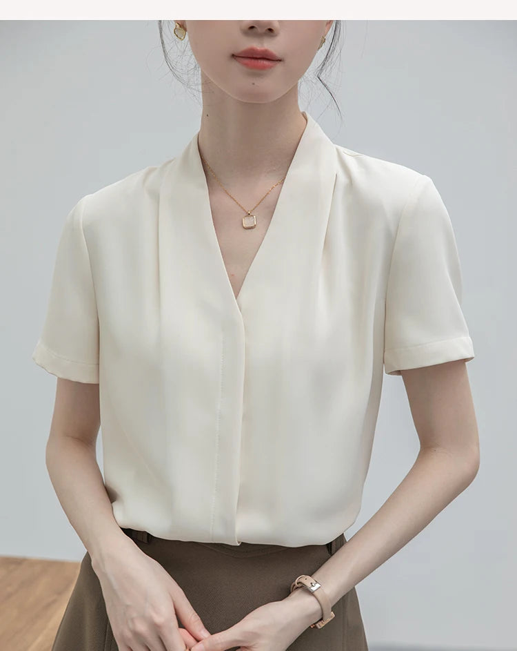 2025 Fashion Summer Short Sleeve V-Neck Women Blouse White Blouse Shirt Women Tops Blouses Shirts Blusas Para Mujer Camisas XL86 RT220