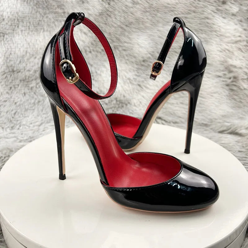 black high heels, women's slim heels, one line buckle toe sandals, new sexy temperament, pointed hollow single shoes 12cm RT220