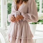 Sexy Cascading Ruffles Women Long Sleeve Mini Dress Deep V-Neck Lace-Up Casual Ladies Party Dress Sweet Streetwear Dropshipping RT220