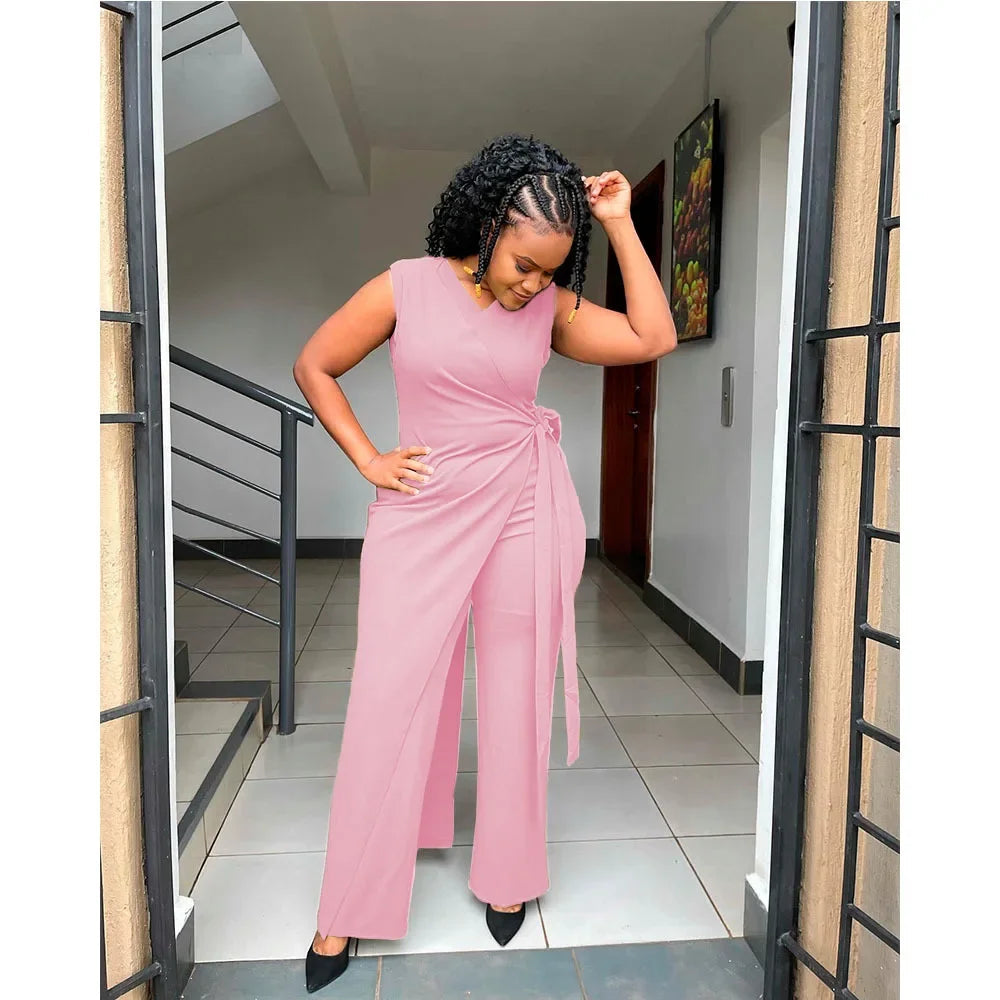 Women's Jumpsuit Summer Fashion Tied Detail V-Neck Casual Plain Sleeveless Asymmetrical Work Long Jumpsuit Y2K Streetwear RT220