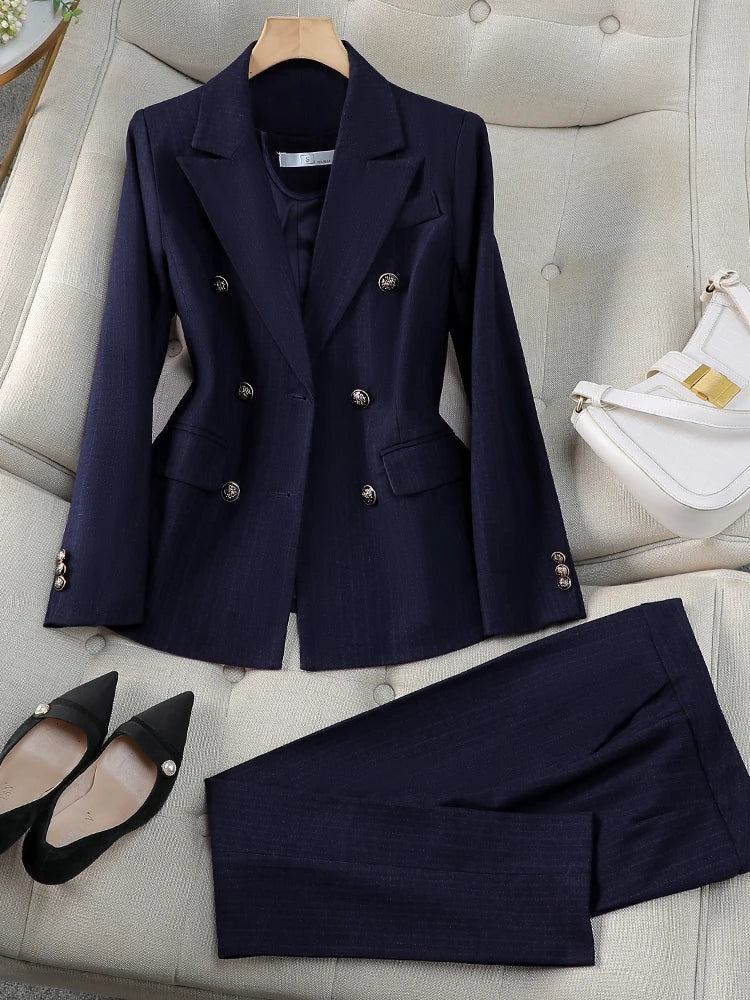 Women Pant Suit Office Ladies Female Business Work Wear 2 Piece Set Black Blue Striped Formal Blazer Jacket And Trouser RT220
