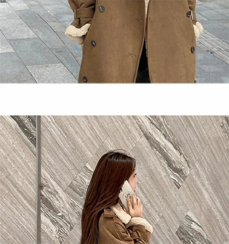 2024 Autumn Winter New Medium Long Double-breasted Lambswool Suede Woolen Coat Women Add Velvet Padded Warm Fur One Woolen Coats RT220