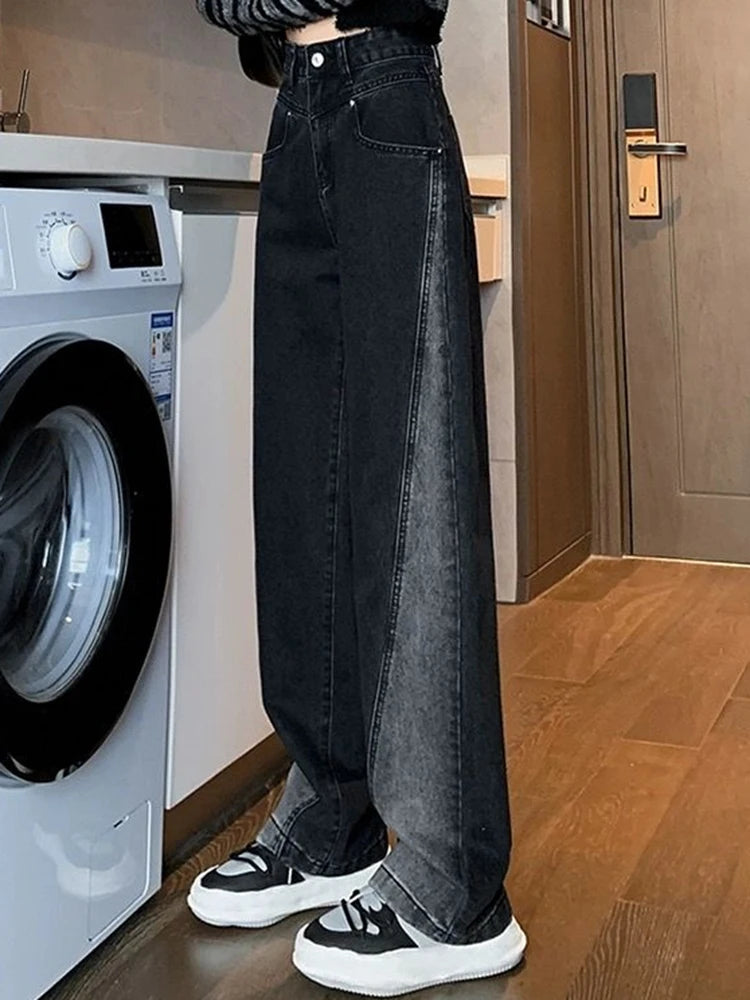 Woman High Waist Jeans Lady American High Street Patchwork Straight Leg Pants Girls Black Gray Contrast Color Wide Leg Trousers RT220