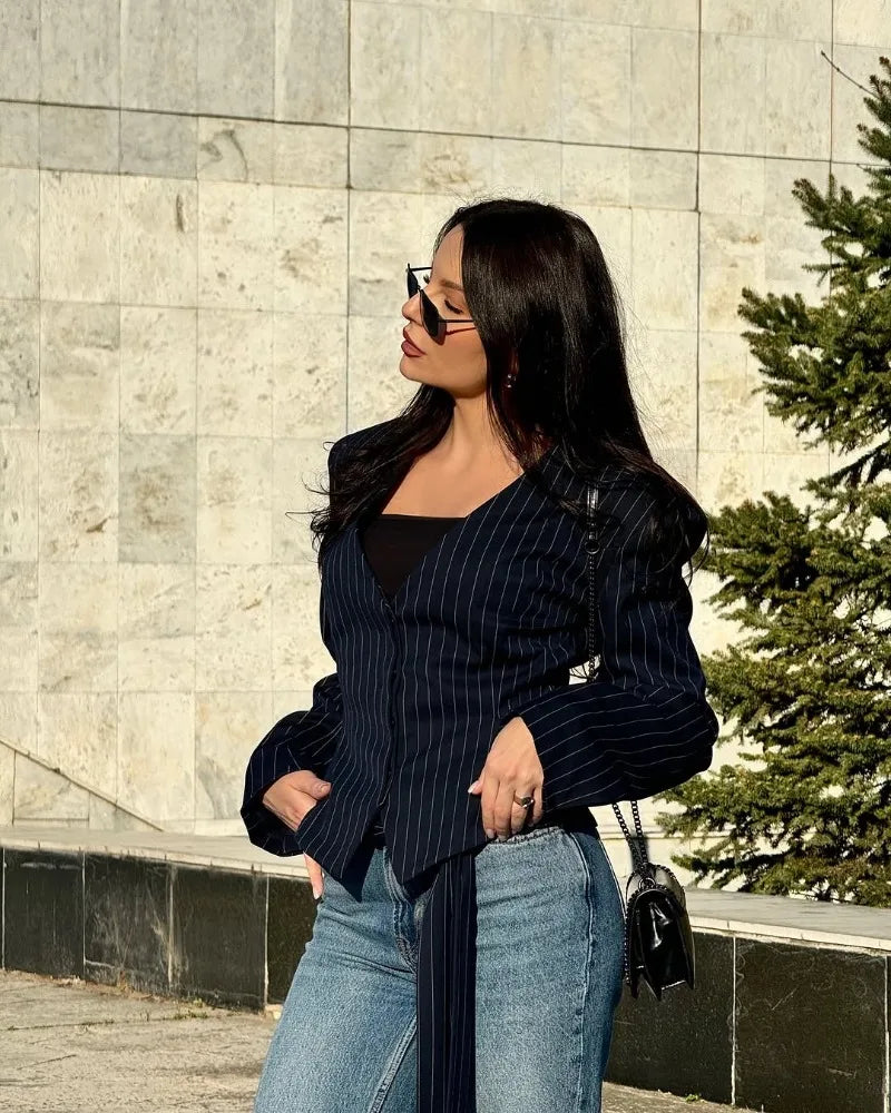 Trendix Elegant Blazer 2 Piece Sets Women V Neck Patchwork Scarf Lace Up Jackets Femme Bodycon Skirt And Commuting Blazers Suits RT220