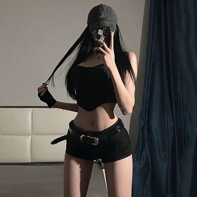 Y2k Black Sexy Gothic Denim Shorts Women Skinny High Street Low Waist Summer Streetwear Chic Punk Style Fashion Hotsweet Ladies RT220