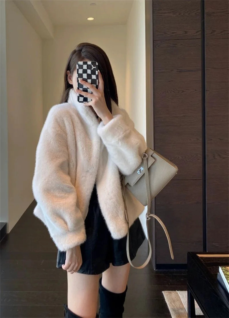2024 Women Solid Color Stand Collar Mink Fur Top Female Long Sleeves Fox Fur Jacket Spring Autumn Lady Short Leather Fur Outwear RT220