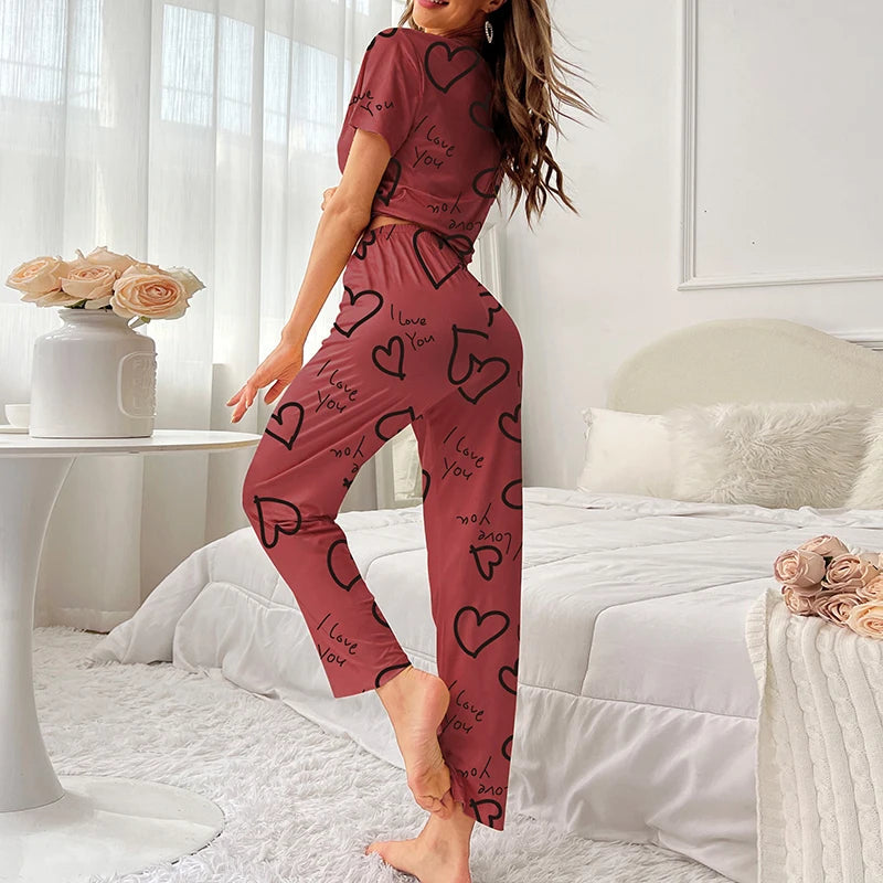 Autumn Fashion Home Pajama Suit Women Sleepwear Pijama Milk Silk Short Sleeve Top with Pants 2 Piece Pajamas for Ladies Lingerie RT220