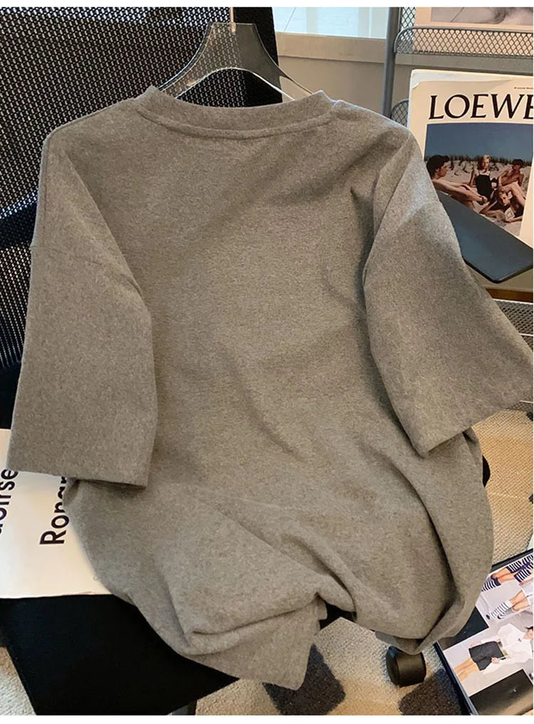 Women Three dimensional Love Ironing Short-sleeved T-shirt 2023 Summer New Casual Fashion Loose Grey Pullover Female RT220