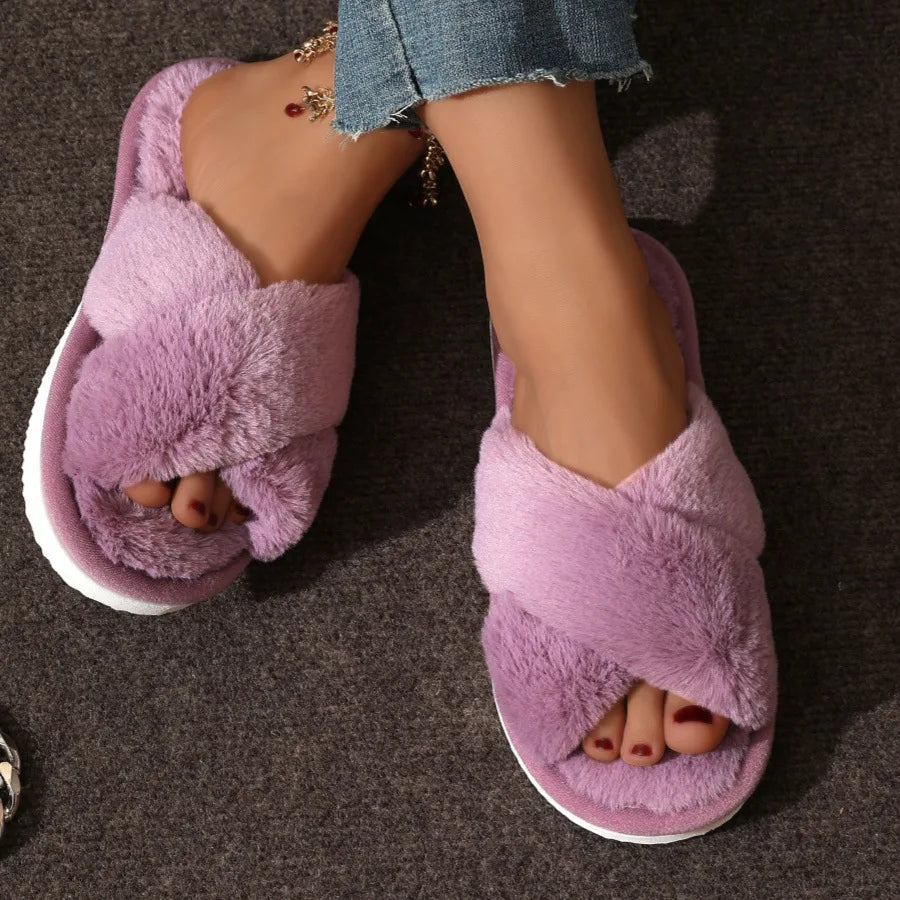 Women’s Cross Band Fur Slippers Indoor Furry Fuzzy Open Toe Shoes Home Cozy Warm Slides Double Straps Slipper Soft Sole Non Slip RT220
