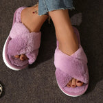 Women’s Cross Band Fur Slippers Indoor Furry Fuzzy Open Toe Shoes Home Cozy Warm Slides Double Straps Slipper Soft Sole Non Slip RT220