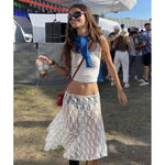 Xingqing 2024 Lace Skirt Women White See Through Floral Lace Low Waist Midi Skirts y2k Aesthetic Fairycore Beach Skirt Clubwear RT220