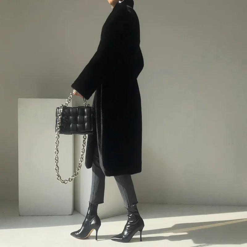 Faux Fur Coats Women Stand Collar Mid Length Long Coat Thick Maxi Warm Y2k Tops Open Stitch Elegant Autumn Winter Black Jackets RT220