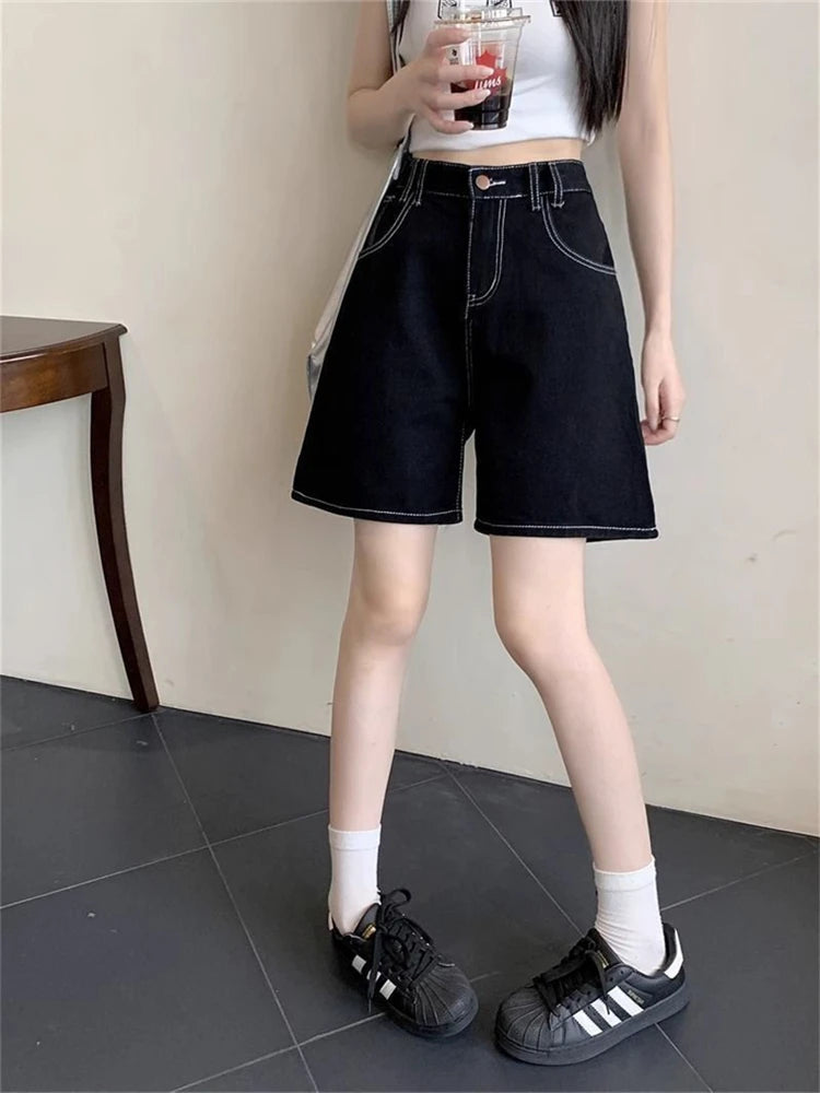 Women's Bright Line Decoration Black Denim Shorts Summer Young Girl Casual Bottom Female High Waisted Straight Knee Length Pants RT220