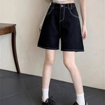 Women's Bright Line Decoration Black Denim Shorts Summer Young Girl Casual Bottom Female High Waisted Straight Knee Length Pants RT220