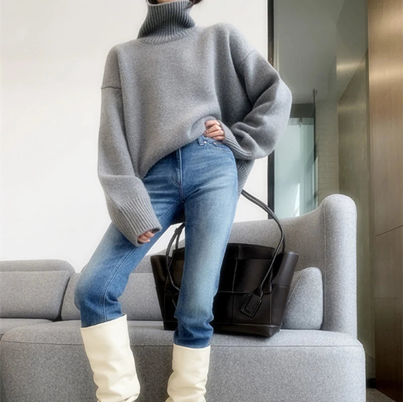 Jmprs Lazy Wind Grey Turtleneck Sweaters Women Vintage Loose Knitted Pullovers Streetwear Retro Harajuku Long Sleeve Simple Tops RT220