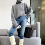 Jmprs Lazy Wind Grey Turtleneck Sweaters Women Vintage Loose Knitted Pullovers Streetwear Retro Harajuku Long Sleeve Simple Tops RT220