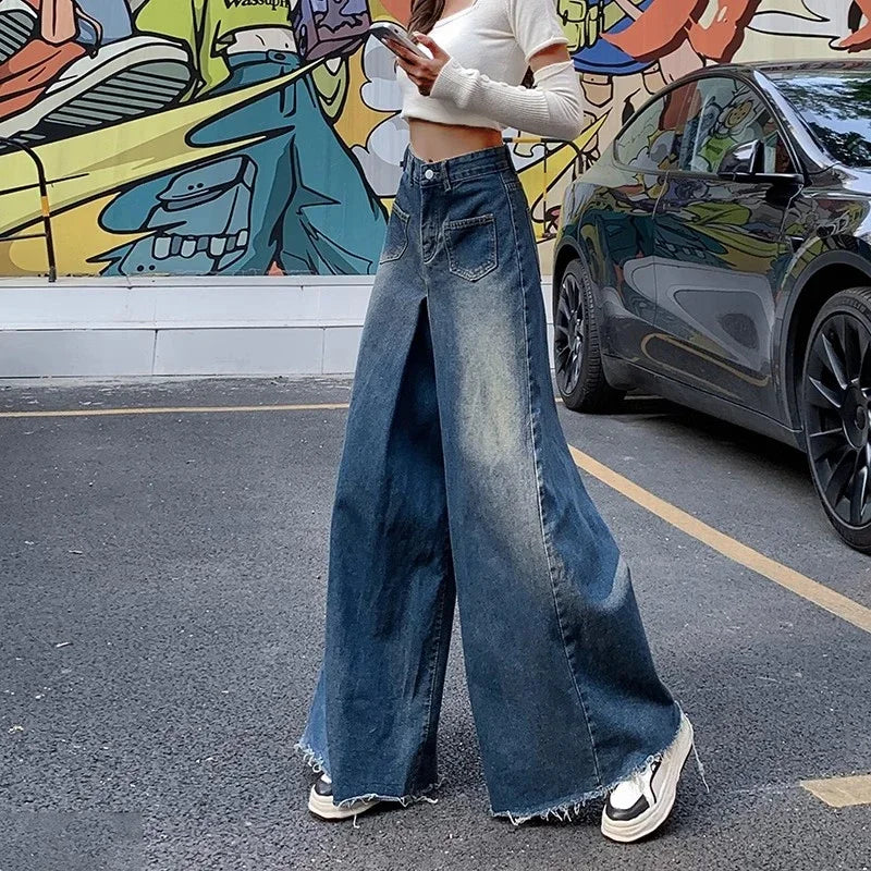 Woman High Waist High Street Wide Leg Jeans Female Loose Designer Pants Girls Fashion Y2k Blue Light Blue Gothic Denim Trousers RT220