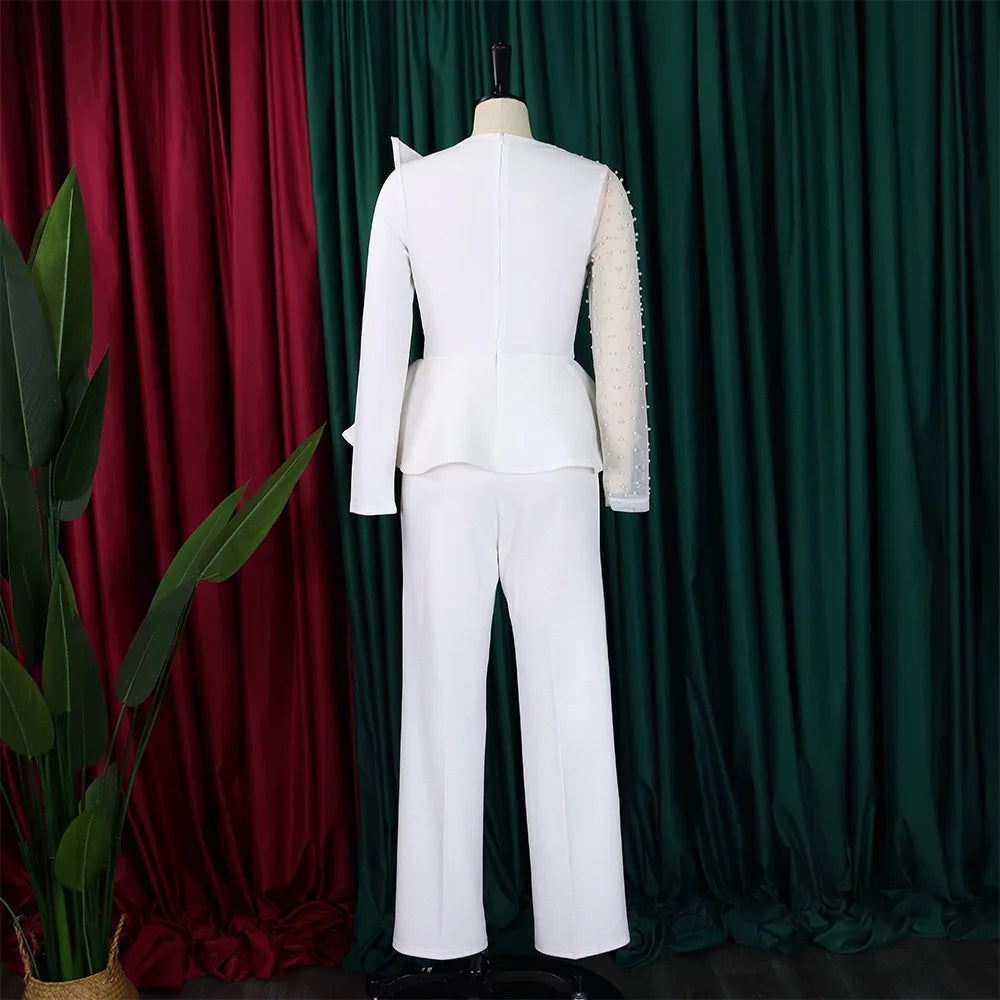 Luxury Jumpsuits & Rompers for Women Round Neck Beaded Transparent Sleeve High Waisted Elegant Female Birthday Party Overalls RT220