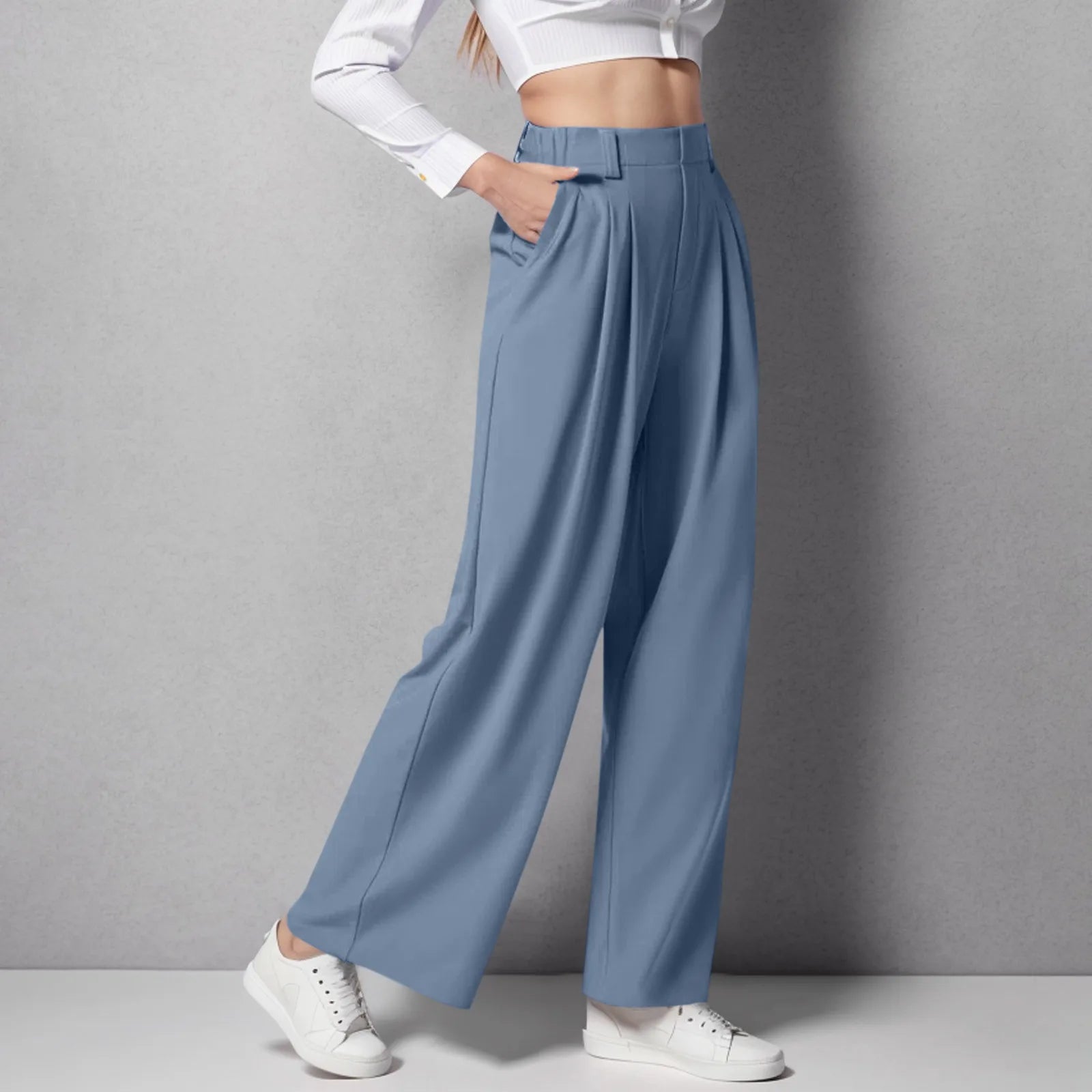 2024 New Pantalones De Mujer Women's Wide Leg Pants Elastic High Waisted Knit Casual Palazzo Pants Trousers With Pockets RT220