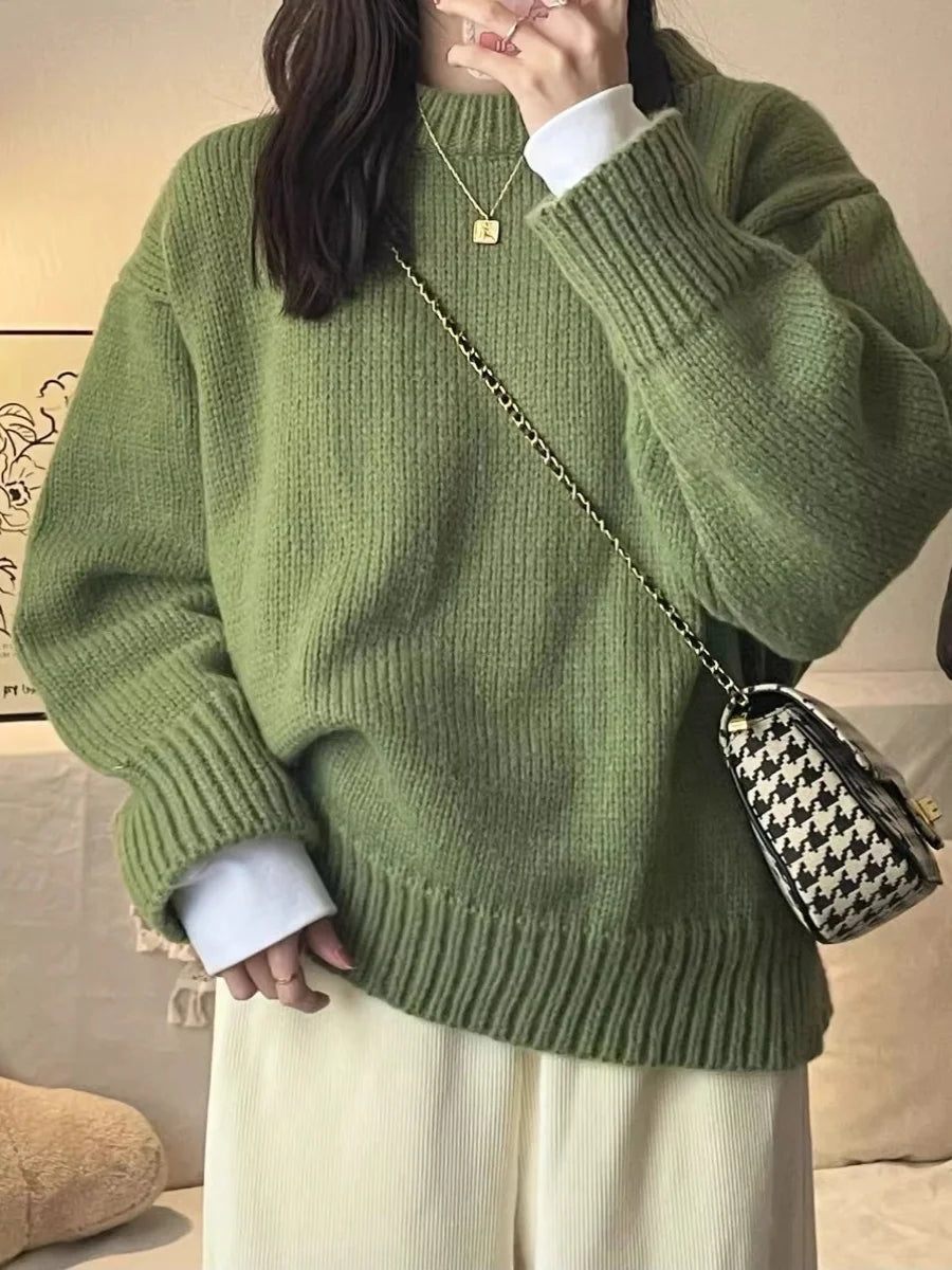 New O-Neck Loose Green Pullover Sweater For Women Autumn Winter Thick Retro Japanese Lazy Style Interior Bottom Knitted Top RT220
