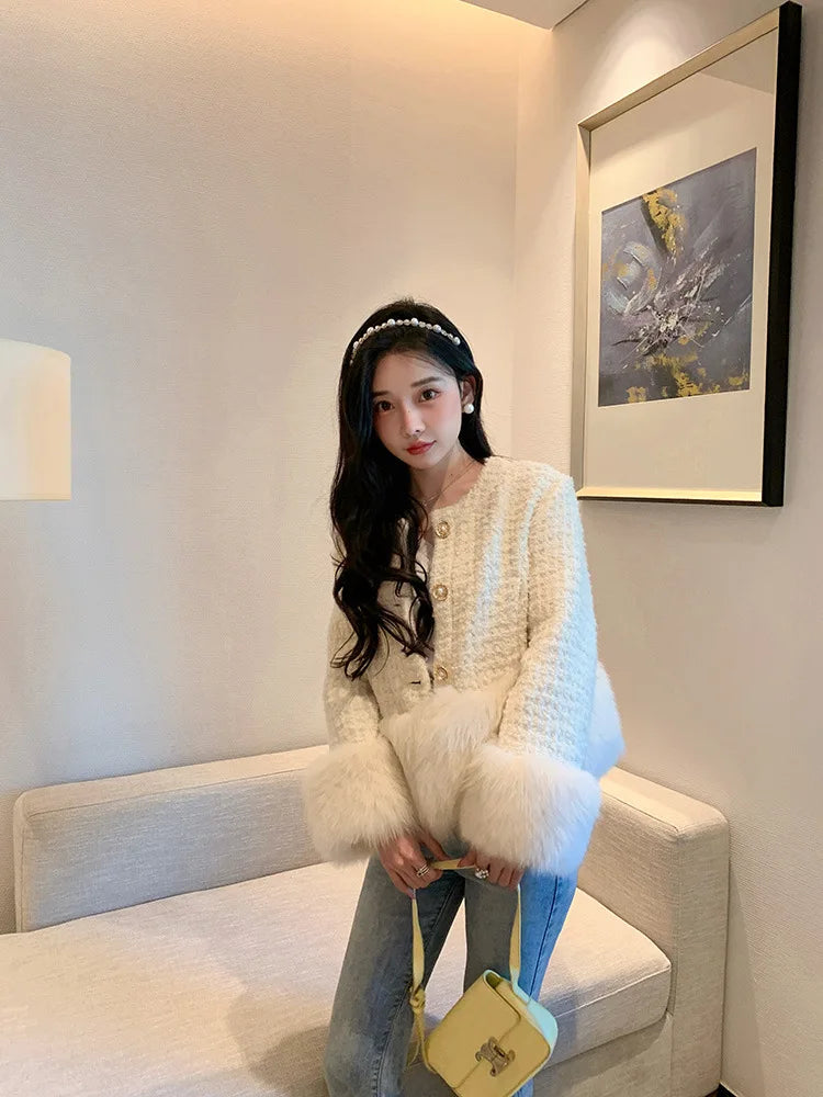 Autumn Winter Women's White Imitation Fox Fur Single Breasted Short Jacket New High-Quality Cotton/Non Cotton Wool Coats RT220