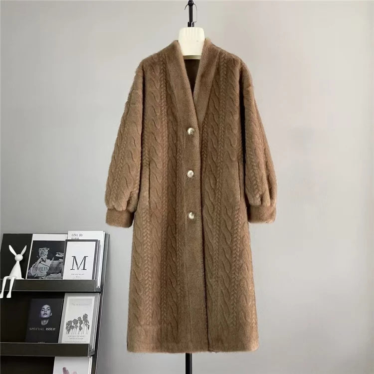 Women Fur Cardigan Thickened Long2025Spring And Autumn V-neck Jacket Female Loose Simple Leisure With Buttons Faux Fur Mink Coat RT220