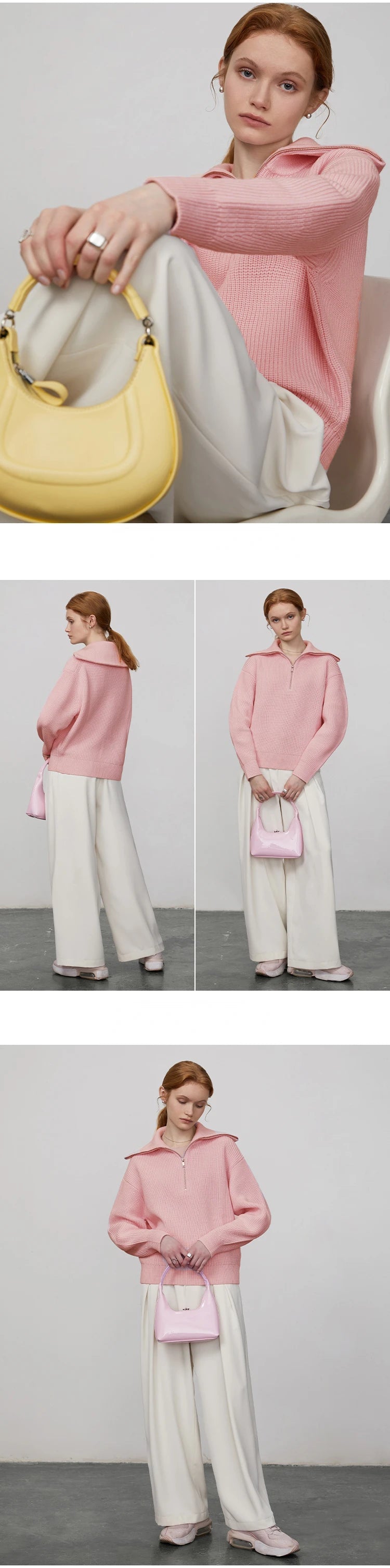 Fashion Women Sweaters 2025 LOOSE Zipper Design Pullovers Casual Solid Turtleneck Thickening Pink Knitted Winter Women's Sweater RT220