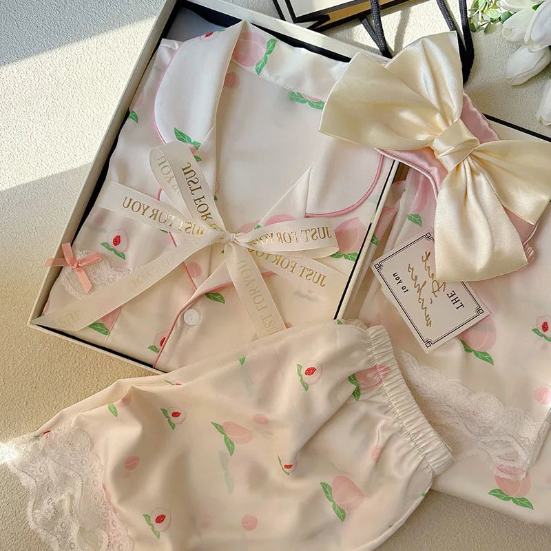 Honey Peach Print Lace Korean Ins Style Pajamas Women Y2k Three-piece Set Classy Sweet Cute Lady Lounge 2024 New Spring Homewear RT220