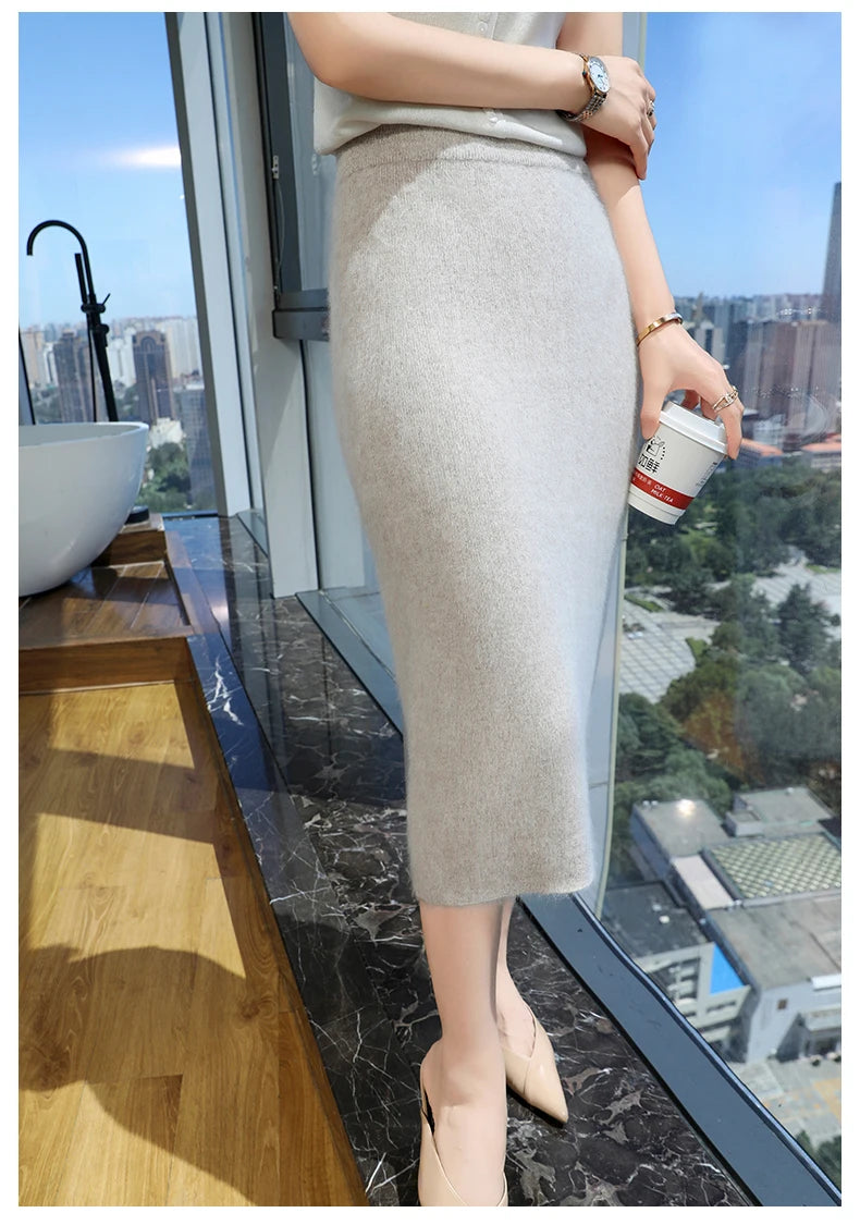 Mink Cashmere Midi Skirt For Women In Autumn And Winter, Mid Length, High Waist, Slimming, Knitted Versatile, Hip Hugging Skirts RT220
