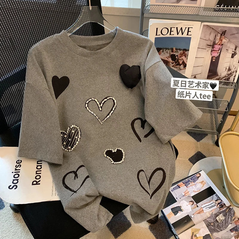 Women Three dimensional Love Ironing Short-sleeved T-shirt 2023 Summer New Casual Fashion Loose Grey Pullover Female RT220
