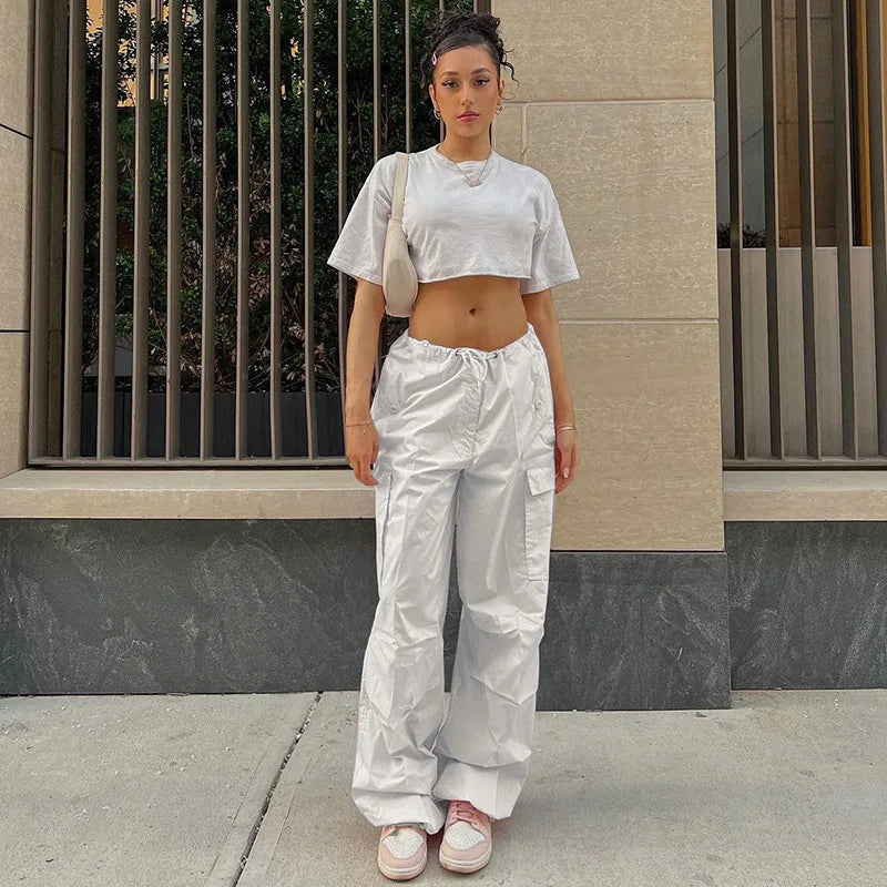 Women Cargo Pants Spring New Streetwear Solid Fashion Pockets Drawstring Trousers Casual Slim Versatile Knitted Lady Cargo Pants RT220