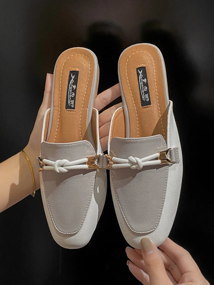 New Summer Fashion Metal Buckle Woman Shoes Half-drag Muller Shoes Women Wear Flat Slippers And Leather Toe-covered Sandals RT220