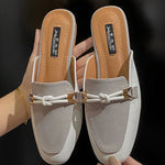 New Summer Fashion Metal Buckle Woman Shoes Half-drag Muller Shoes Women Wear Flat Slippers And Leather Toe-covered Sandals RT220