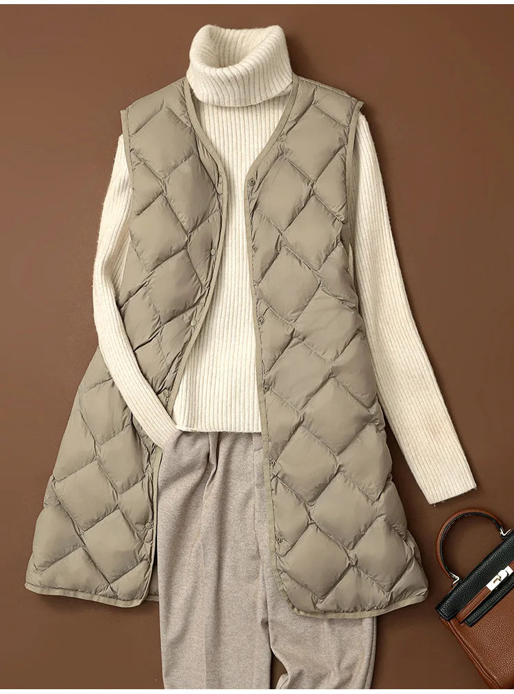 Women Sleeveless X-long Ultra Light Down Jackets 2024 New Arrivals Autumn Winter Korean Fashion V-neck Liner Vest Down Coats 3XL RT220