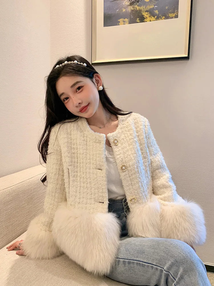Autumn Winter Women's White Imitation Fox Fur Single Breasted Short Jacket New High-Quality Cotton/Non Cotton Wool Coats RT220